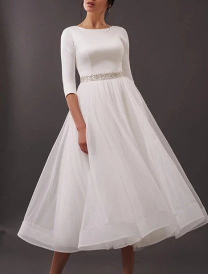 Reception Vintage 1940s / 1950s Simple Wedding Dresses Wedding Dresses A-Line Scoop Neck 3/4 Length Sleeve Tea Length Satin Bridal Gowns With Pleats