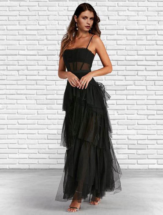 A-Line Prom Dresses Corsets Dress Party Wear Ankle Length Sleeveless Strapless Tulle Ladder Back with Ruffles Pure Color