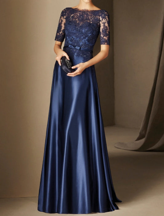 A-Line Evening Gown Elegant Dress Wedding Guest Formal Evening Floor Length Half Sleeve Illusion Neck Satin with Lace Insert Appliques