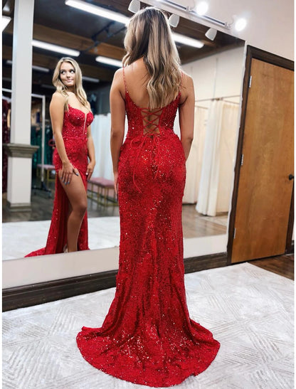 Mermaid / Trumpet Prom Dresses Sparkle & Shine Dress Formal Sweep / Brush Train Sleeveless Spaghetti Strap Sequined Backless with Beading Sequin Slit