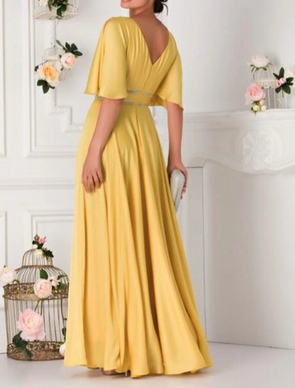 A-Line Elegant Formal Evening Birthday Dress Plunging Neck Half Sleeve Floor Length Satin with Crystals