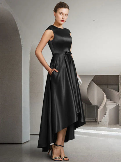 A-Line Mother of the Bride Dress Elegant High Low Jewel Neck Asymmetrical Satin Sleeveless with Bow(s) Pleats