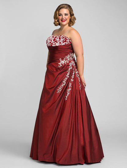 Ball Gown Plus Size Prom Formal Evening Dress Strapless Sleeveless Floor Length Taffeta with Beading Appliques