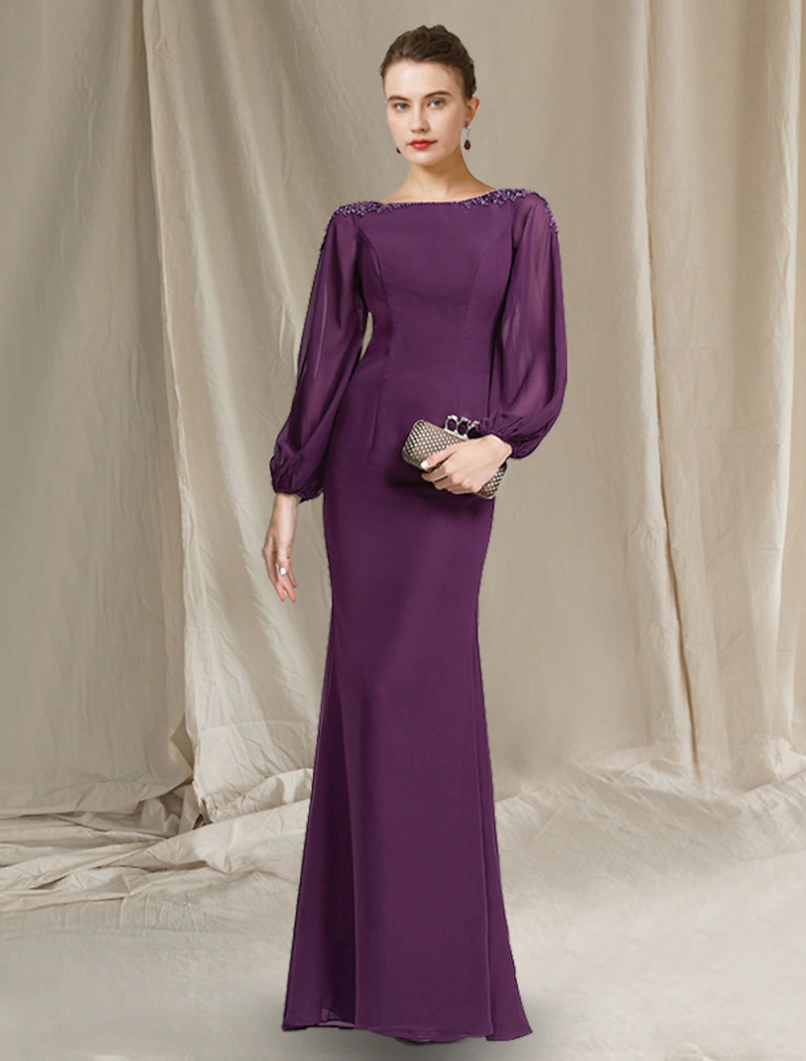 Sheath / Column Mother of the Bride Dress Elegant Jewel Neck Floor Length Chiffon Long Sleeve with Beading