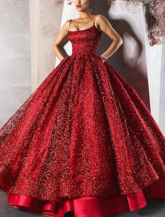 Ball Gown Evening Gown Luxurious Dress Valentine's Day Engagement Floor Length Sleeveless Spaghetti Strap Satin with Sequin Tiered