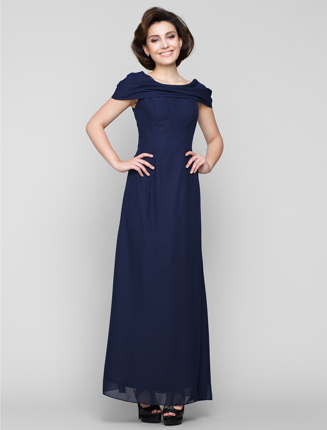 Sheath / Column Mother of the Bride Dress Elegant Scoop Neck Ankle Length Chiffon Short Sleeve No with Beading