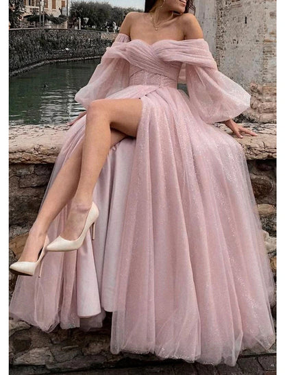 A-Line Prom Dresses Corsets Dress Formal Wedding Party Floor Length Long Sleeve Off Shoulder Tulle with Glitter Ruched Slit