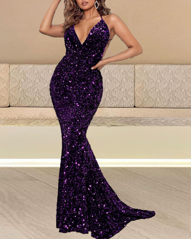 Mermaid Sequin Dress V-neck Cross Back Prom Dresses