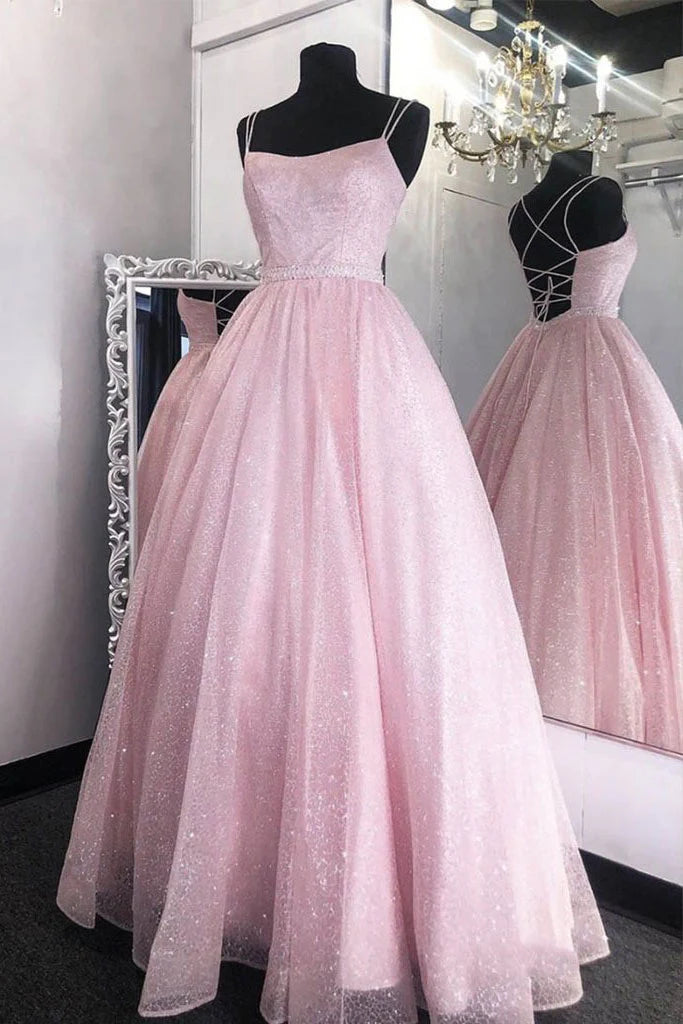 Tulle sequin long prom dress