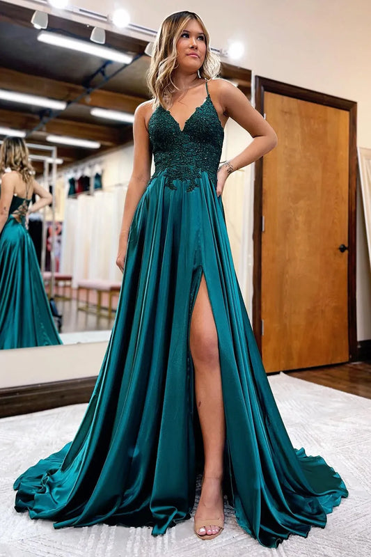 A-Line Satin Appliques Prom Dress with Slit