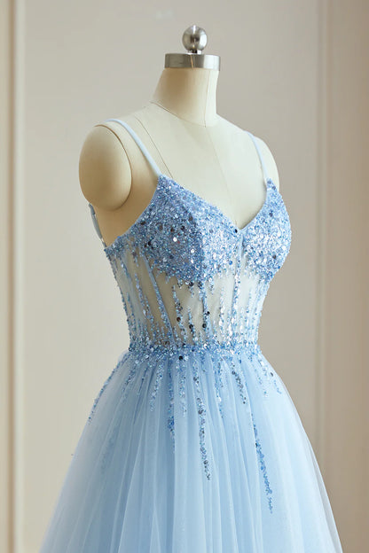 A-Line V-Neck Spaghetti Straps Beads Tulle Prom Dresses