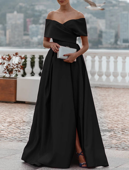 A-Line Evening Gown Elegant Dress Formal Wedding Court Train Sleeveless Off Shoulder Bridesmaid Dress Satin with Ruched Slit