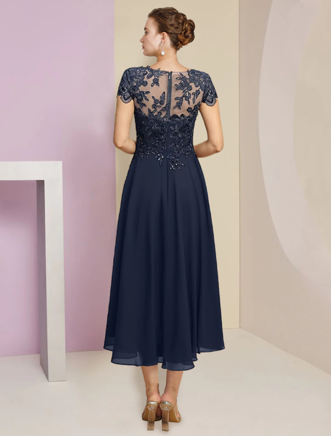 Two Piece A-Line Mother of the Bride Dress Formal Elegant Scoop Neck Tea Length Chiffon Lace Short Sleeve Wrap Included with Pleats Sequin Appliques