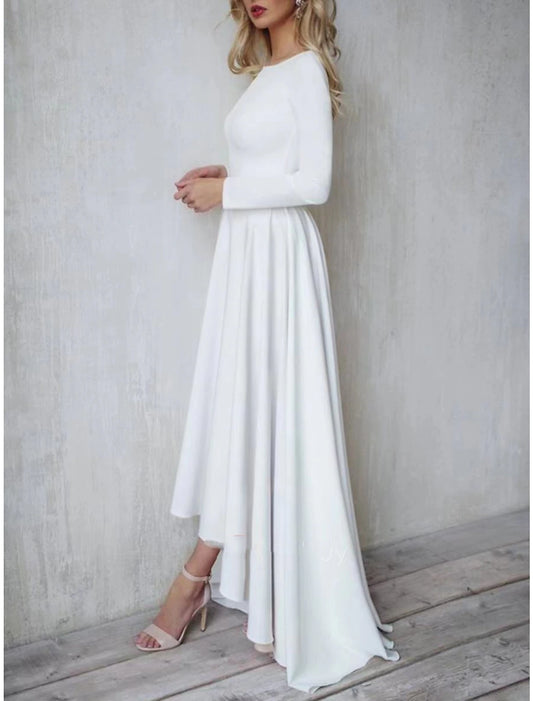 A-Line Evening Gown Open Back Dress Formal Wedding Guest Asymmetrical Long Sleeve Jewel Neck Stretch Fabric with Buttons Pleats