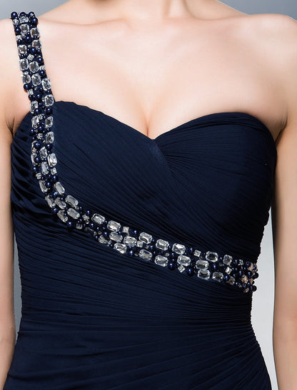 A-Line Furcal Dress Prom Formal Evening Sweep / Brush Train Sleeveless One Shoulder Chiffon with Criss Cross Pearls Crystals