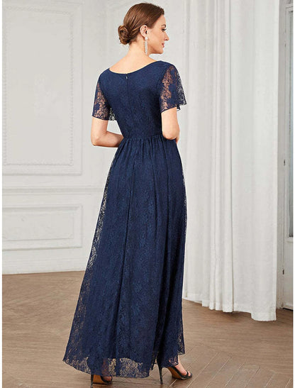 A-Line Wedding Guest Dresses Elegant Dress Holiday Asymmetrical Short Sleeve V Neck Lace with Appliques