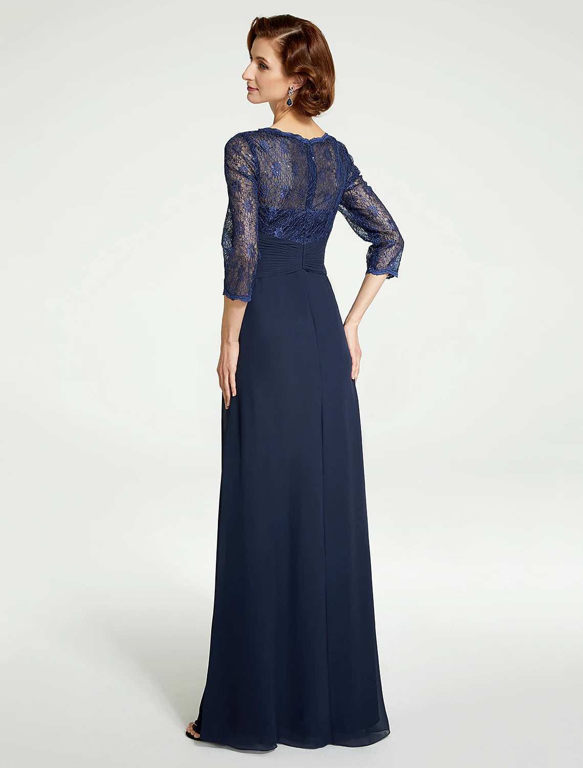 A-Line Mother of the Bride Dress Jewel Neck Floor Length Chiffon Lace 3/4 Length Sleeve with Lace Ruching