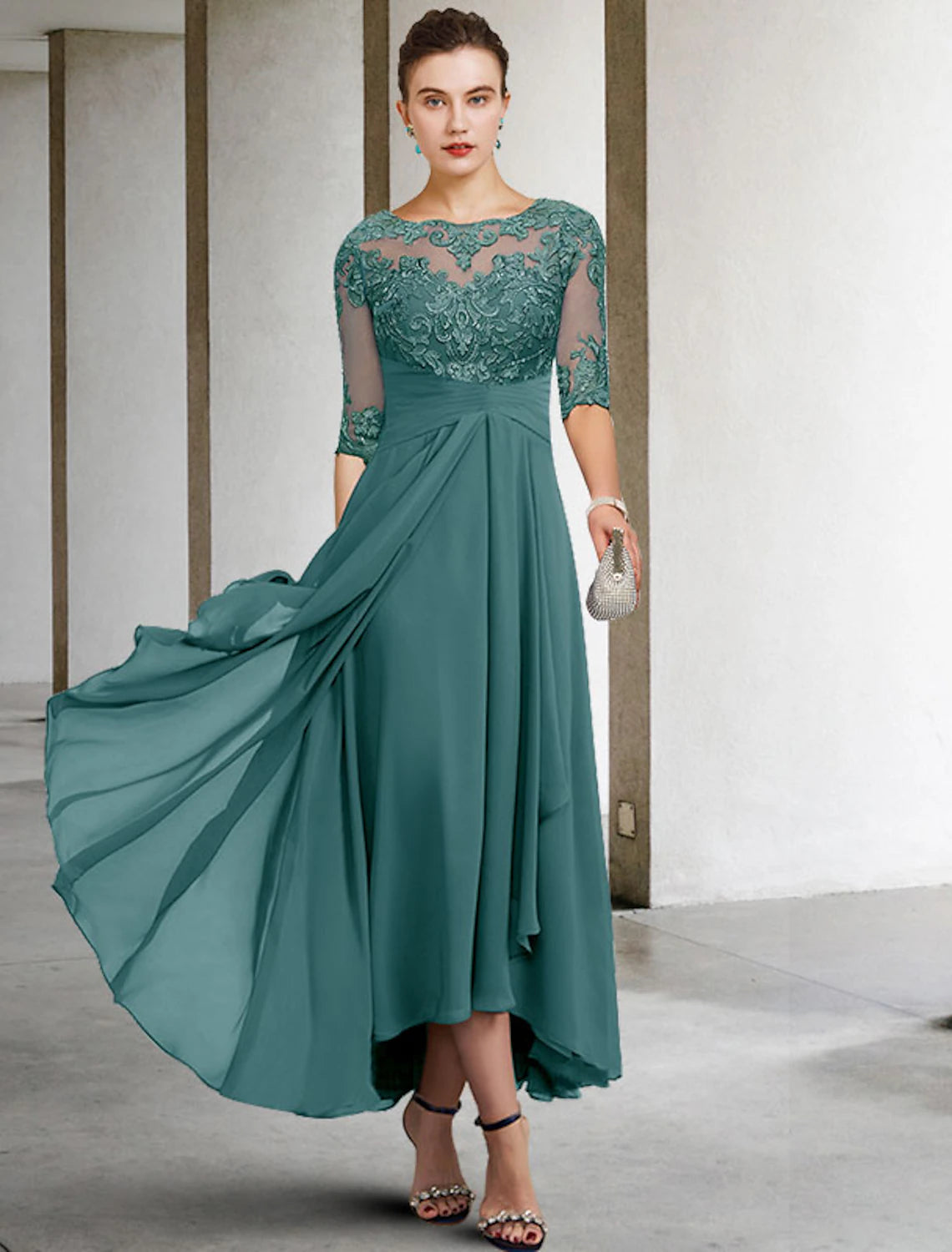 A-Line Mother of the Bride Dress Plus Size Elegant High Low V Neck Asymmetrical Ankle Length Chiffon Lace Half Sleeve with Beading Appliques