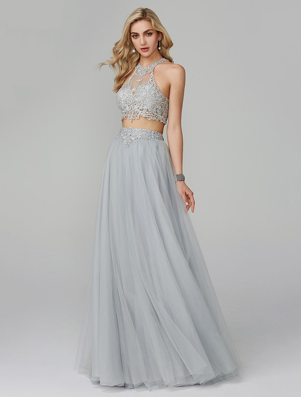 Two Piece Empire Prom Formal Evening Dress Halter Neck Sleeveless Floor Length Lace with Appliques