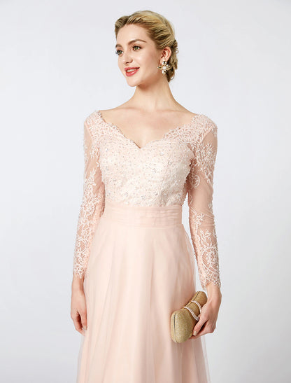 Ball Gown Pastel Colors Dress Holiday Cocktail Party Floor Length Long Sleeve V Neck Tulle Low Back with Beading Appliques