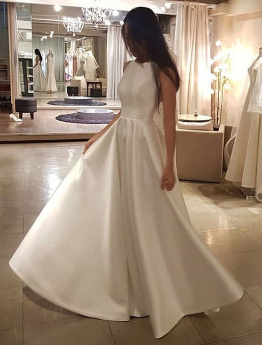 Reception Casual Wedding Dresses A-Line Scoop Neck Sleeveless Sweep / Brush Train Satin Bridal Gowns With