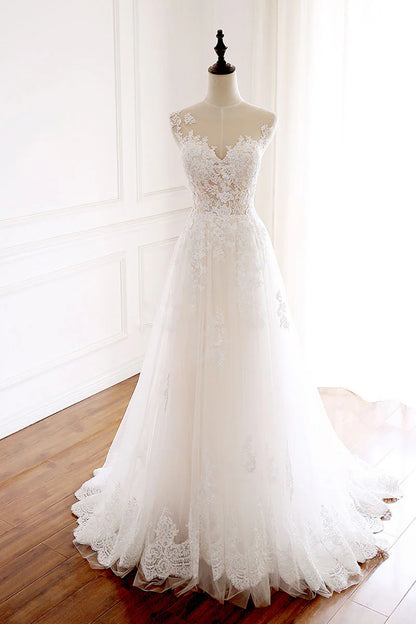 Round neck tulle lace long wedding dress