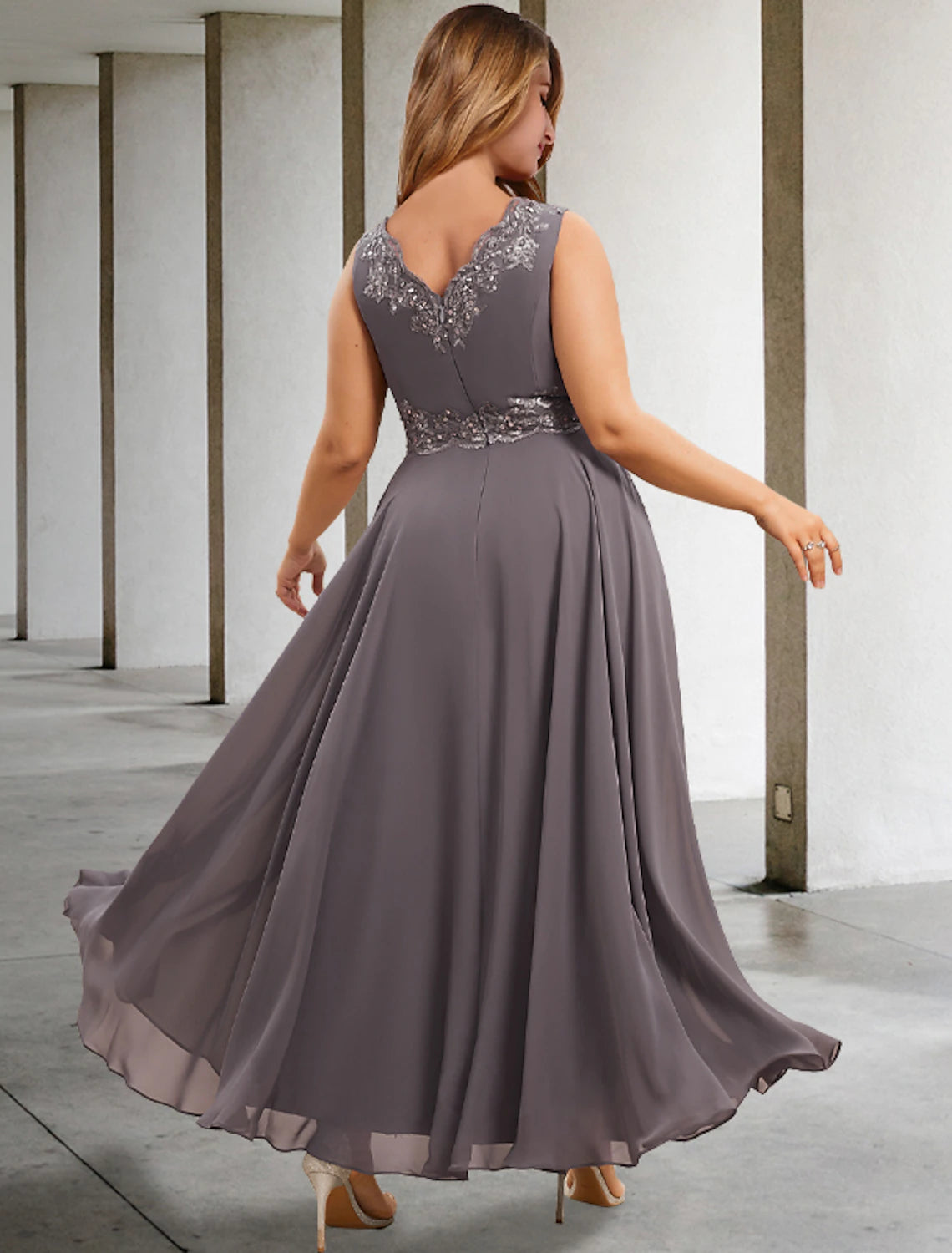 Two Piece A-Line Evening Gown Elegant Dress Formal Tea Length Sleeveless V Neck Chiffon with Appliques