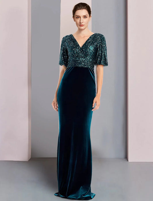 Sheath / Column Mother of the Bride Dress Formal Wedding Guest Elegant Vintage V Neck Sweep / Brush Train Sequined Velvet Half Sleeve with Color Block