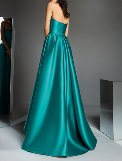 A-Line Prom Dresses Elegant Dress Christmas Wedding Guest Sweep / Brush Train Sleeveless Strapless Satin with Draping