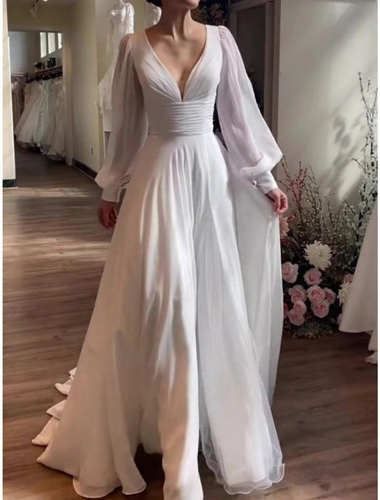 Little White Dresses Wedding Dresses A-Line V Neck Long Sleeve Court Train Chiffon Bridal Gowns With Pleats Ruched