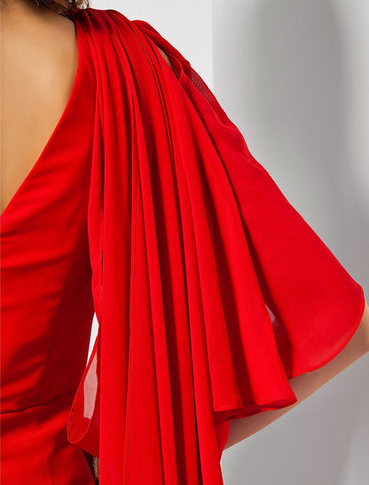 Sheath Red Green Dress Empire Wedding Guest Formal Evening Dress One Shoulder Sleeveless Floor Length Chiffon with Draping Slit