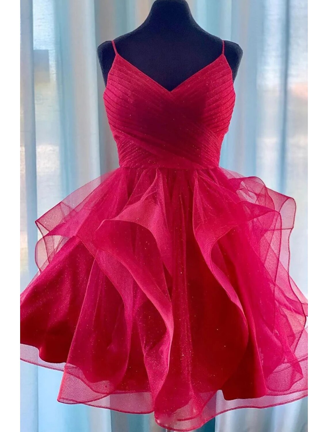 Ball Gown A-Line Cocktail Dresses Party Dress Homecoming Knee Length Sleeveless Spaghetti Strap Tulle Backless with Glitter Ruffles