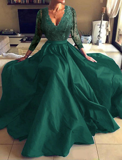 A-Line Evening Gown Elegant Dress Party Wear Formal Evening Floor Length Long Sleeve V Neck Tulle with Pleats Appliques