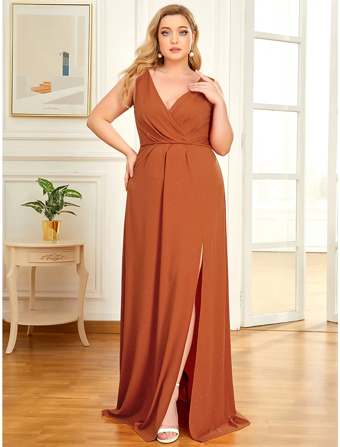 A-Line Elegant Formal Evening Dress V Neck Sleeveless Floor Length Cotton Blend with Draping