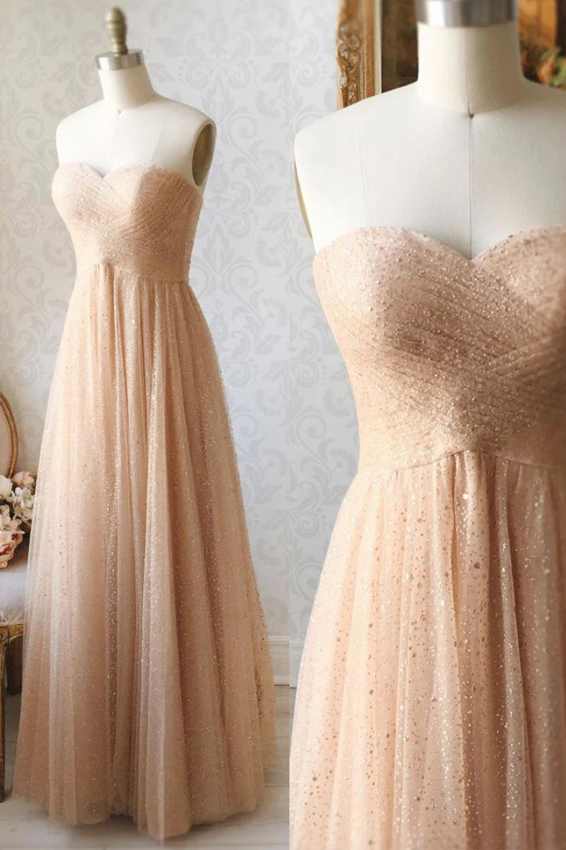 Sweetheart tulle sequin beads long prom dress