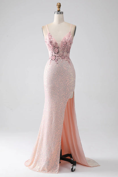 Mermaid Glitter Beaded Prom Dress with Slit