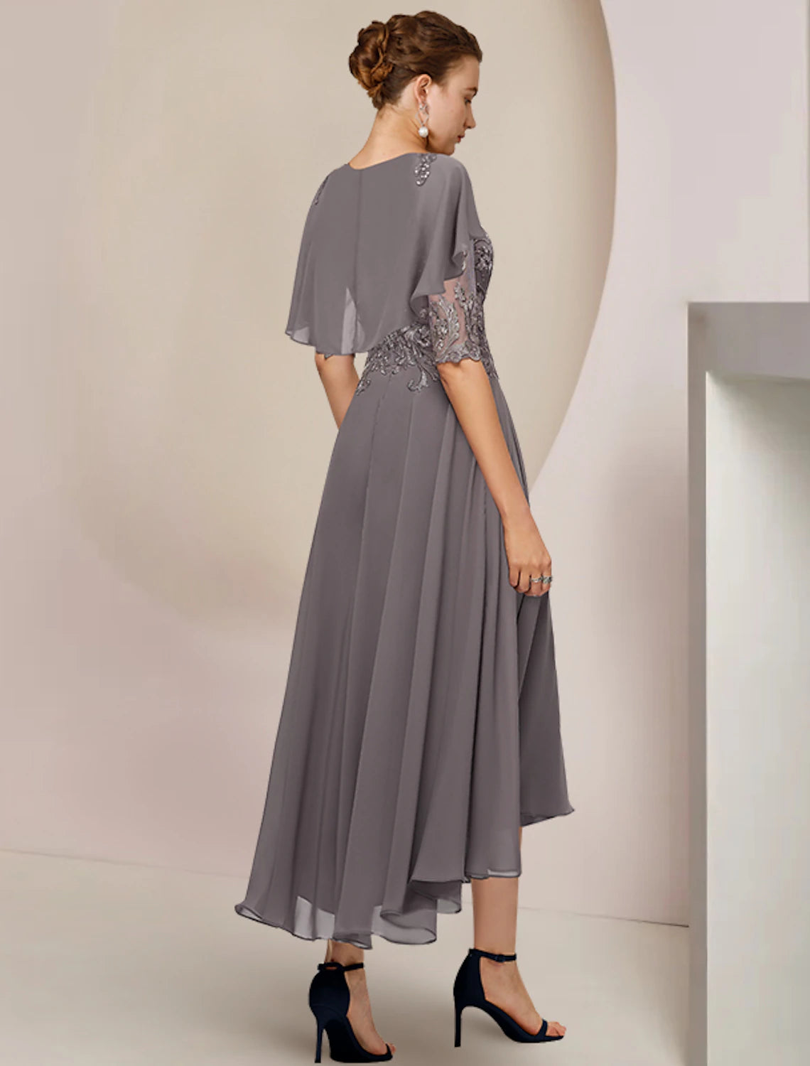 A-Line Mother of the Bride Dress Formal Fall Wedding Guest Elegant Scoop Neck Asymmetrical Tea Length Chiffon Lace Half Sleeve with Beading Appliques