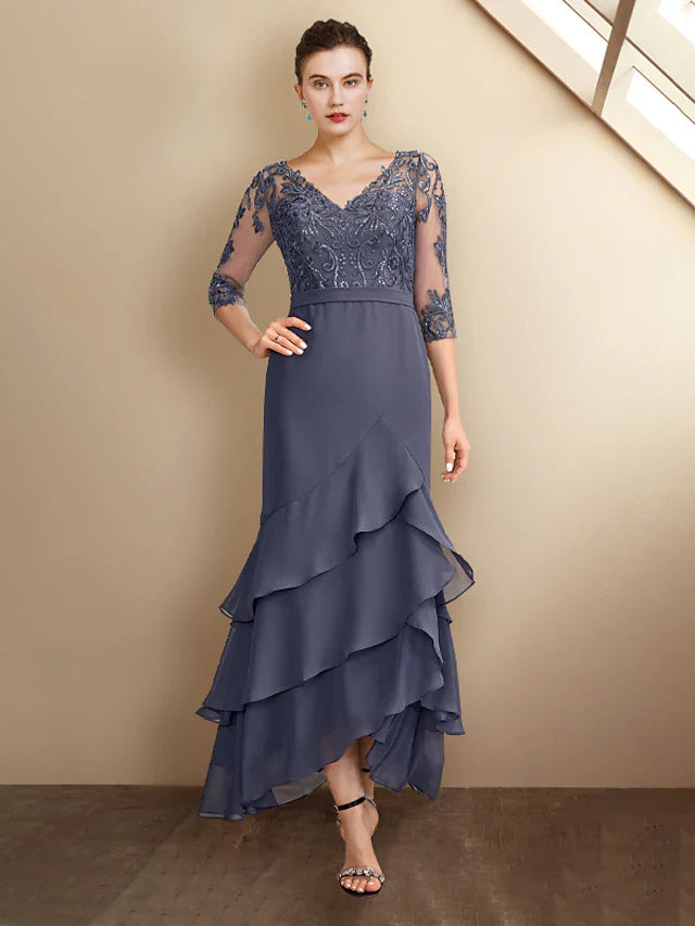 A-Line Mother of the Bride Dress Plus Size Elegant High Low V Neck Asymmetrical Ankle Length Chiffon Lace 3/4 Length Sleeve with Sequin Appliques Cascading Ruffles