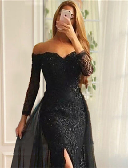 Mermaid Evening Gown Floral Carnival Dress Formal Wedding Sweep / Brush Train Long Sleeve Off Shoulder Fall Wedding Reception Chiffon with Slit Appliques