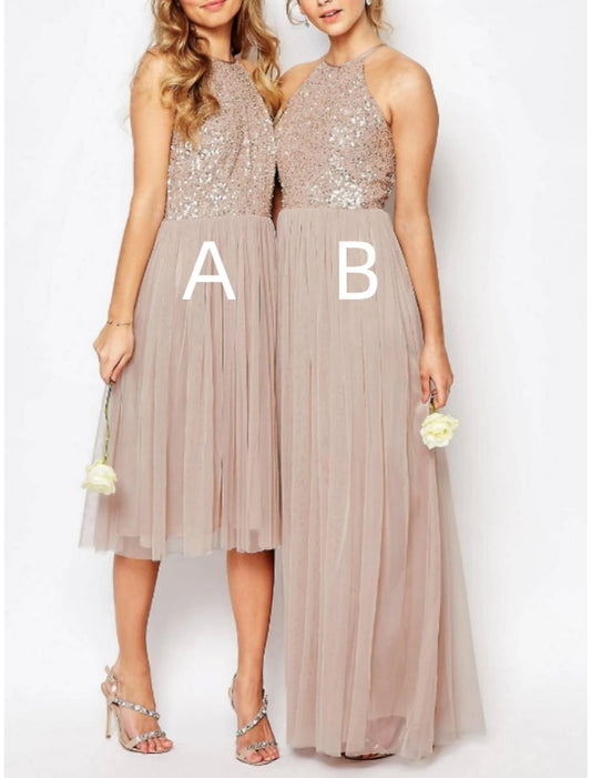 A-Line Bridesmaid Dress Halter Neck Sleeveless Elegant Floor Length / Knee Length Tulle with Sequin / Ruching