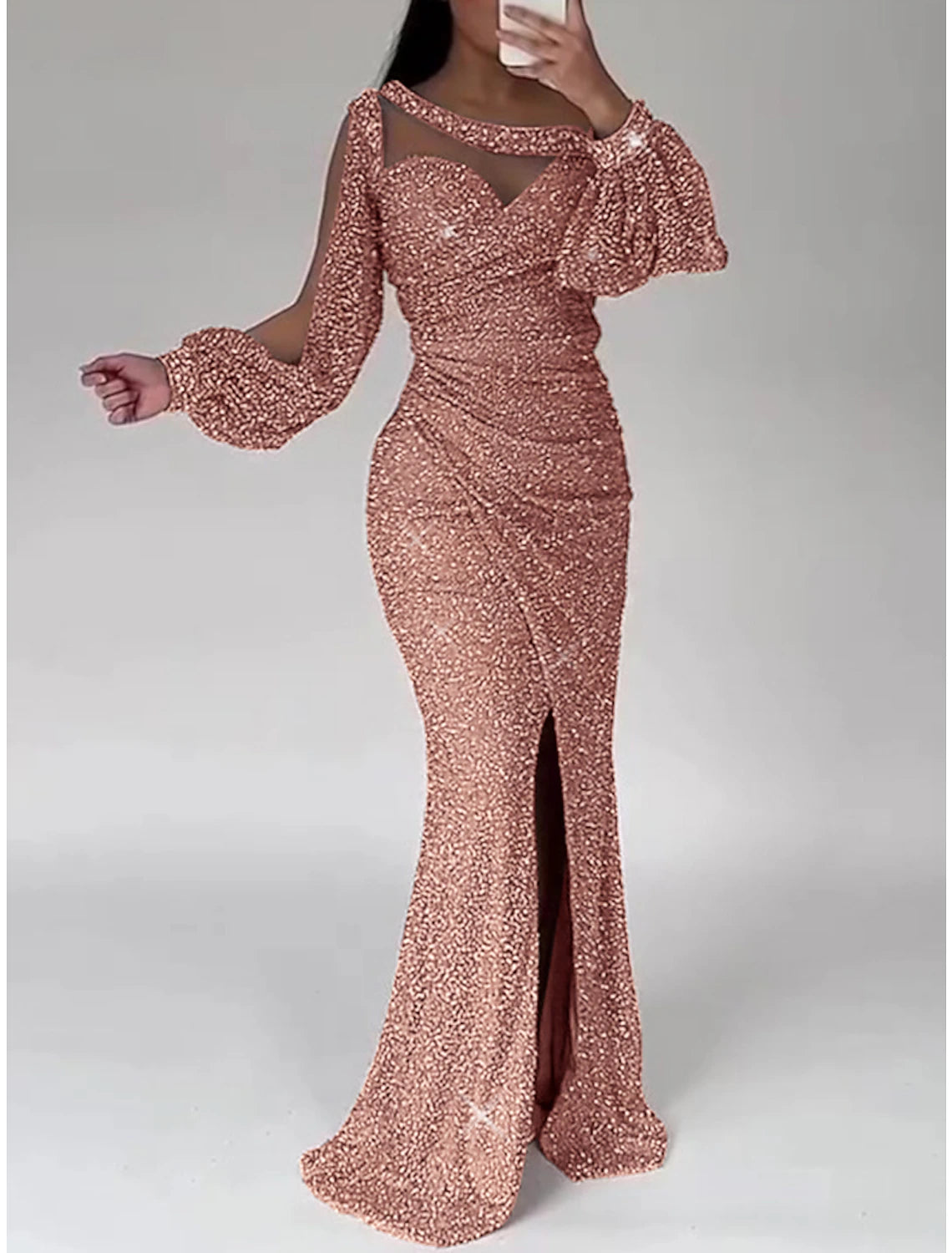 Mermaid / Trumpet Evening Gown Party Dress Formal Sweep / Brush Train Long Sleeve Scoop Neck Sequined with Glitter Ruched Slit