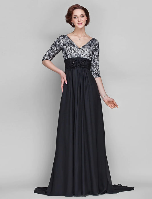 A-Line Mother of the Bride Dress Vintage Inspired V Neck Sweep / Brush Train Chiffon Lace Half Sleeve with Lace Ruched Flower