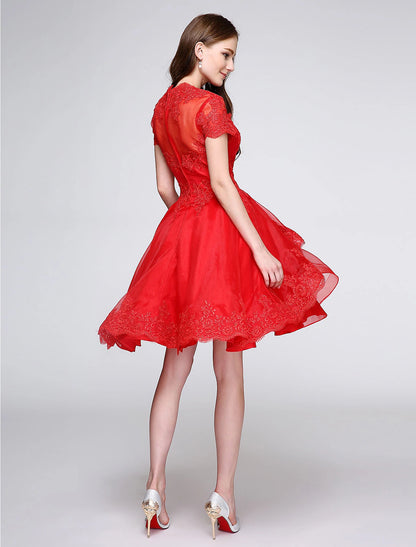 Ball Gown Cute Dress Cocktail Party Prom Knee Length Short Sleeve Plunging Neck Organza with Buttons Appliques