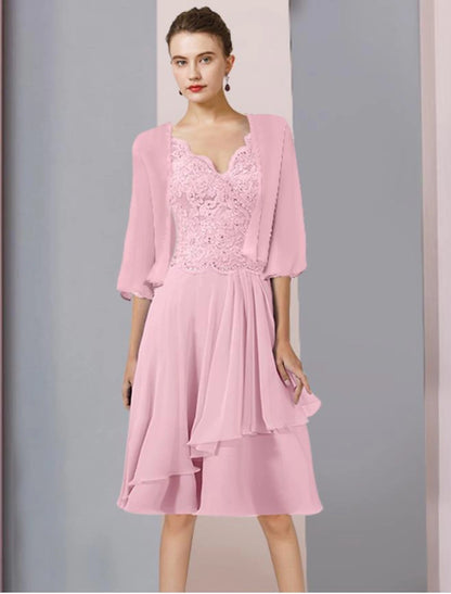 Two Piece A-Line Mother of the Bride Dress Formal Wedding Guest Elegant V Neck Knee Length Chiffon Lace 3/4 Length Sleeve Wrap Included with Beading Sequin Appliques