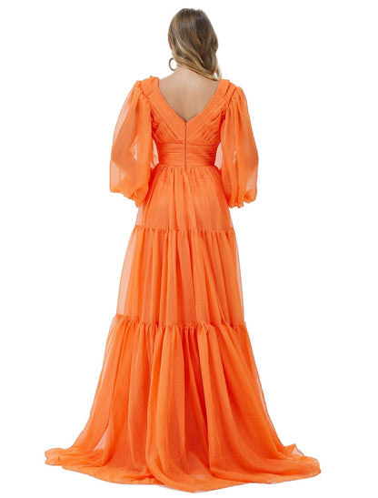 A-Line Evening Gown Sexy Dress Party Wear Sweep / Brush Train Long Sleeve V Neck Chiffon with Ruched