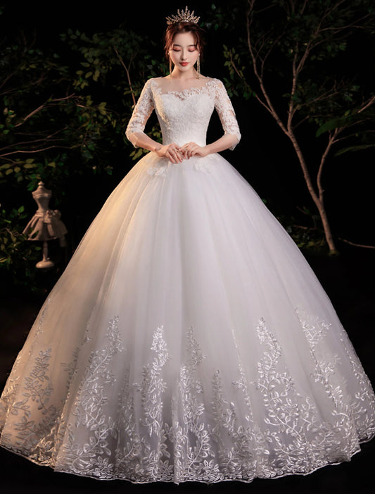 Reception Formal Wedding Dresses Ball Gown Illusion Neck Half Sleeve Floor Length Lace Bridal Gowns With Appliques