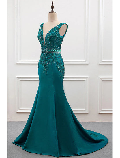 Mermaid / Trumpet Evening Gown Sexy Dress Formal Court Train Sleeveless V Neck Taffeta with Pearls Embroidery