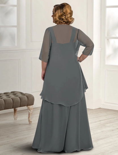 Two Piece A-Line Mother of the Bride Dress Plus Size Elegant Square Neck Floor Length Chiffon Sleeveless Jacket Dresses with Pleats