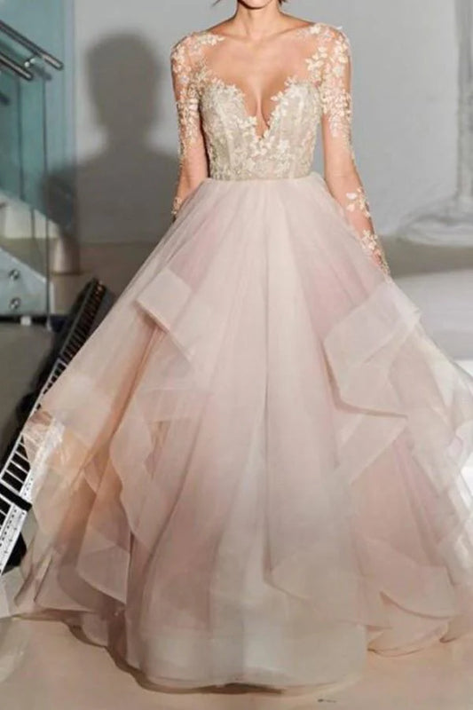 A-Line Elegant Long Sleeves Tulle Wedding Dresses With Appliques