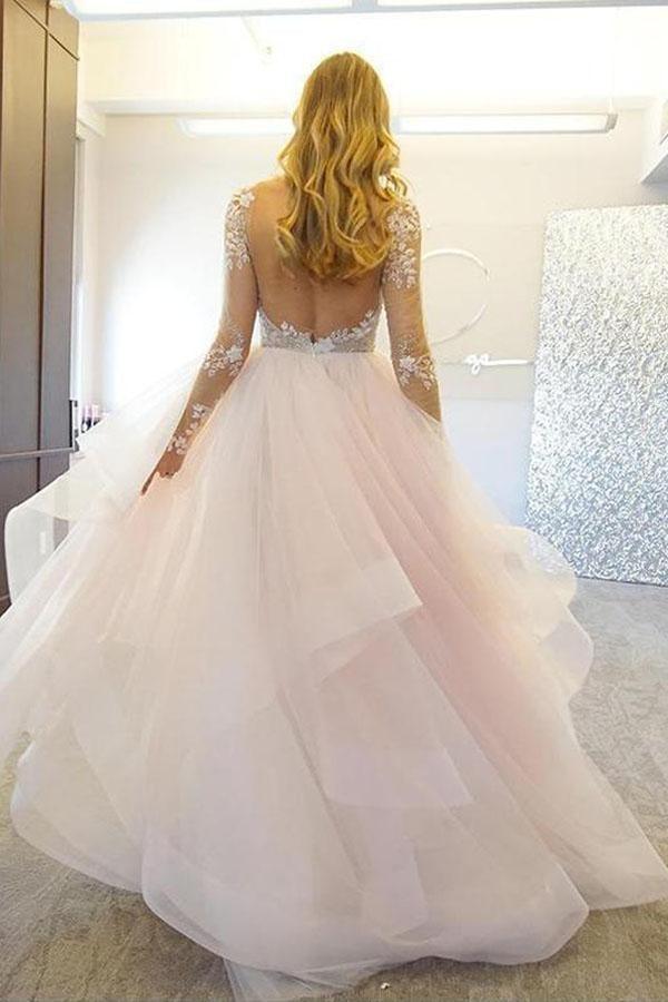 A-Line Elegant Long Sleeves Tulle Wedding Dresses With Appliques